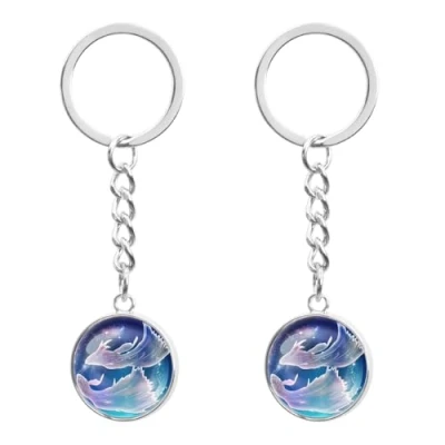 Imagen de LT Easiyl 2 llaveros de luz nocturna del zodiaco con 12 constelaciones, llavero luminoso, nocturna, esfera vidrio constelación para hombres y mujeres, Piscis,