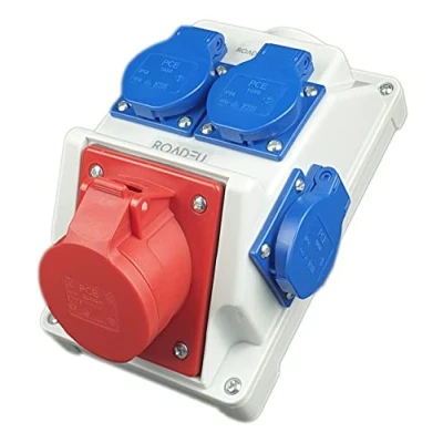 Imagen de RoadEu Enchufe de pared 16A CEE 5P, con 3 x Schuko 230 V Distribuidor corriente para obras, Enchufes PCE Caja distribución combinado