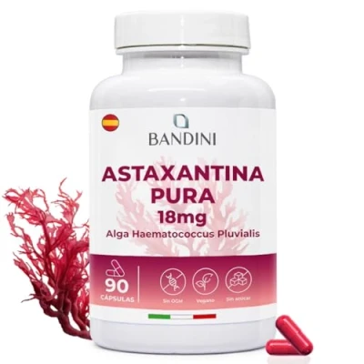 Imagen de Bandini® Pure Astaxanthin 18 mg por cápsula 90 cápsulas 3 meses de suministro Potente antioxidante natural del alga Haematococcus Pluvialis Astaxantina natural, sin estearato magnesio