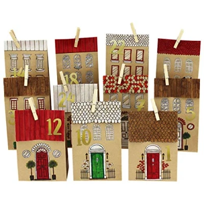 Imagen de Papierdrachen Calendario de Adviento para hacer en casa, juego papel kraft con 24 bolsas marrón impresas, forma casas colorear y llenar, Navidad 2022