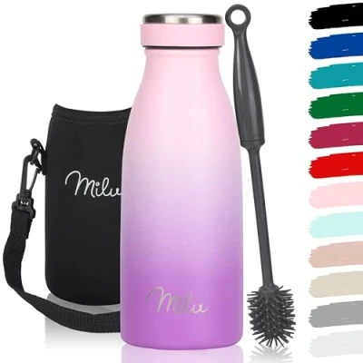 Imagen de Milu botella de acero inoxidable 350ml 500ml 750 ml 1 L 1,5 agua aislada, termo a prueba fugas, doble pared, apta para ácido carbónico + cepillo limpieza (Violeta Rosa, 350ml)