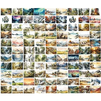 Imagen de The lazy panda card company Drawn Animal Art Box 100 postales de animales dibujados en acuarelas diseños diferentes (100 paisajes pintados), LP100BOX, mixto