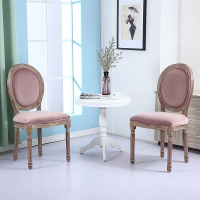 Imagen de Lote de 2 sillas estilo medallón Luis XVI Madera patinada y terciopelo rosa Menzzo