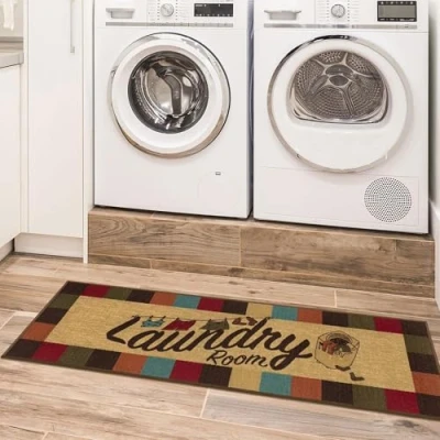 Imagen de Ottomanson Laundry Alfombra rectangular, base de goma, diseño bordeado cuadros, 50 x 150 cm, multicolor