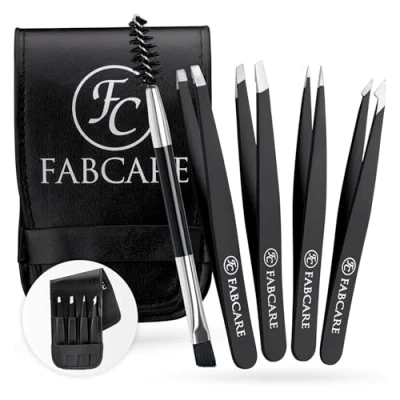 Imagen de FABCARE Set de Pinzas depilar para las cejas con cepillo (de cinco piezas) Punta mejorada Acero inoxidable depilación professional, negro
