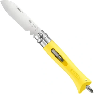 Imagen de OPINEL Cuchillo DIY N09 Amarillo Hoja cortadora y pelacables de acero inoxidable Mango con 2 puntas destornillador Anillo seguridad Virobloc Fabricado en Francia