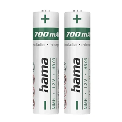Imagen de HAMA Pilas AAA Recargables (para Teléfonos Inalámbricos, Tamaño AAA, 1,2 voltios, 700 mAh, Paquete de 2 Unidades) Color Blanco
