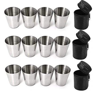Imagen de 12 unidades Vasos de acero Inoxidable, Chupito Apilables con Funda Piel, Metal Portátiles, Accesorios Petaca