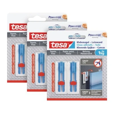 Imagen de tesa Papel pintado y yeso para uñas (1 kg, 3 unidades, altura ajustable, ideal lienzos bastidores, soporta hasta 1 se puede quitar sin dejar rastro)
