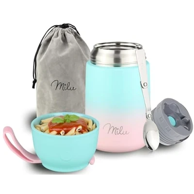 Imagen de Milu Termo para Comida 650 ml Taza Aislada, Botella de Acero Inoxidable Aislada Alimentos, Beber y sopa los niños adultos Térmico (650ml/Menta Rosa)