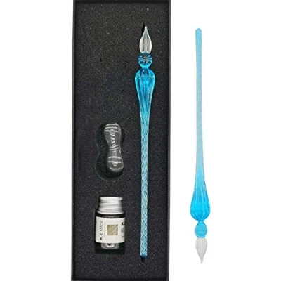Imagen de EACHHAHA Juego de Pluma cristal, tinta y soporte para caligrafía, tarjetas felicitación, postales, creaciones artísticas firmas estilográfica ideal como regalo (color azul)