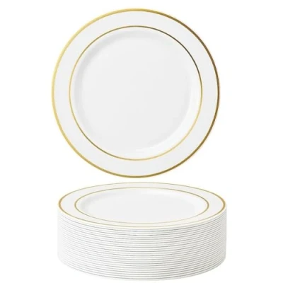 Imagen de MATANA 25 Platos de Plástico Blanco Premium con Borde Dorado, 26cm Elegantes, Resistentes y Reutilizables Bodas, Cumpleaños, Bautizos, Navidad, Barbacoas, Fiestas