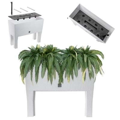 Imagen de KADAX Maceta con patas, bancal de plástico en 2 tamaños, jardinera diseño ratán, para jardín, balcón, terraza, macetero, macetero hierbas (60 cm/blanco)