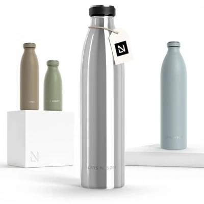 Imagen de Lars NYSØM Botella de Acero Inoxidable aislada 1l Agua 1 litro a Prueba Fugas para Deportes, Bicicleta, Perro, (Mirror Silver, 1000ml)