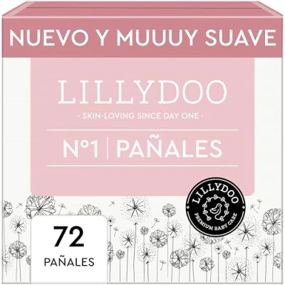 Imagen de Pañales LILLYDOO delicados con la piel talla 1 (2 5 kg), caja de medio mes (72 unidades), protección contra fugas, suaves, sin perfumes, lociones ni colorantes y dermatológicamente probados