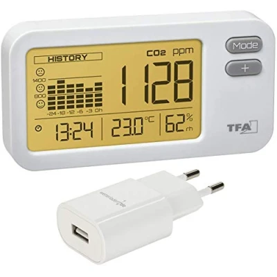 Imagen de TFA Dostmann Airco2NTROL 31.5009.02 Coach Monitor CO2 (detector de CO2, con fuente alimentación USB), color blanco