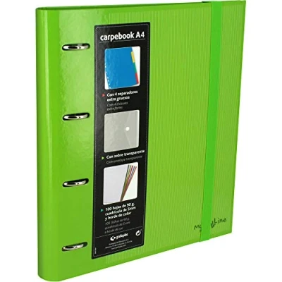 Imagen de Grafoplás 88102020. Carpeta 4 anillas troqueladas A4 con sobre transparente, separadores y 100 hojas, color verde, de 35mm, cierre goma. Carpebook Multiline