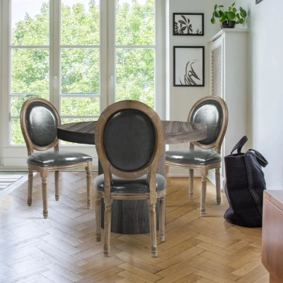 Imagen de Menzzo Louis Xvi Lote de 2 sillas, estilo medallón, piel sintética (poliuretano) y madera, 51 x 72 cm, gris puro madera clara