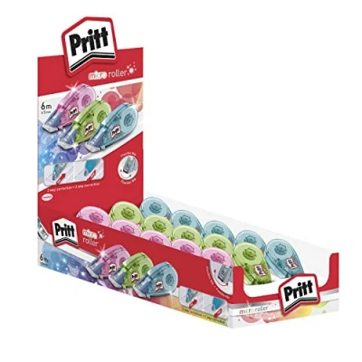Imagen de Pritt Micro Rolli, correctores de bolígrafo para tapar errores, cintas correctoras que no dejan manchas, corrector escolar en azul, verde y rosa, 15 x (5mm 6m)