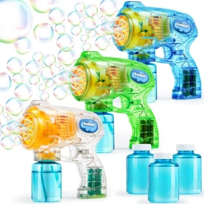 Imagen de JOYIN Equipo de 3 Pistolas Burbujas para Niños, con soluciones Burbujas, Regalos Fiesta Juguete Verano, Cumpleaños, Actividades al Aire Libre y en Interiores, Pascua.