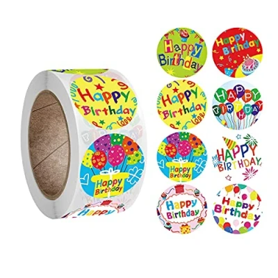 Imagen de BJH 500 Piezas/Rollo Pegatinas Feliz cumpleaños, Rollo de Redonda, para decoración Sobres Regalo, Regalo Bricolaje Fiestas