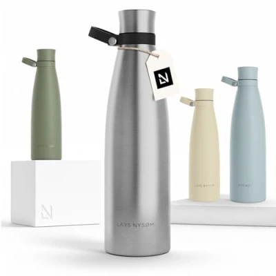 Imagen de LARS NYSØM Botella de Acero Inoxidable aislada 1l Agua 1 litro a Prueba Fugas para Deportes, Bicicleta, Perro, (Stainless Steel, 1000ml)