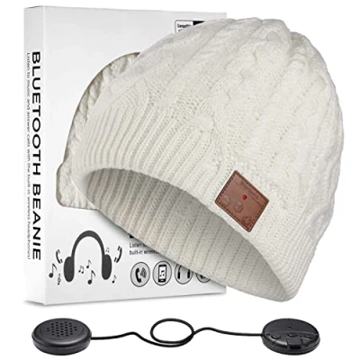 Imagen de Gorro Bluetooth Hombre, Mujer Regalos V5.0 Sombreros de Auriculares inalámbrico Unisex actualizados adecuados para Deportes al Aire Libre, Regalo Navidad 03 Blanco