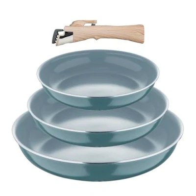 Imagen de BERGNER CLICK&amp;COOK Set 4 Pzs Sartenes (18+20+24 cm) con Mango Desmontable Aluminio Prensado Reciclado Revestimiento PPG Fusion Inducción Compatible Verde, Plata