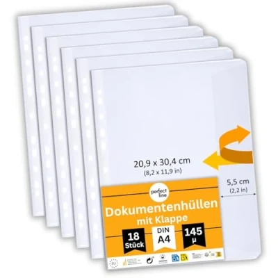 Imagen de perfect line 18 fundas para documentos con solapa DIN A4, transparentes A4 archivador, alta visibilidad, lisas, extrarresistentes y sólidas, sin ácido, fabricación en la UE