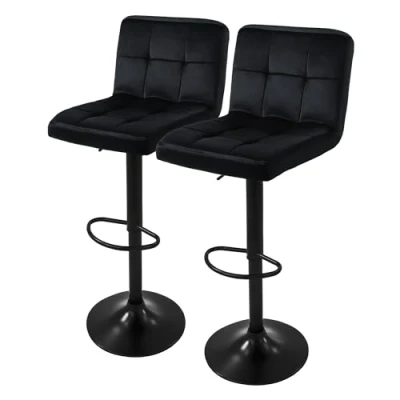 Imagen de ML Design Juego de 2X Taburetes Bar Tapizados en Piel Sintética PU Negro Sillas con Respaldo Ergonómico y Reposapiés Asiento Cómodo Mostrador Regulable Altura 63 83cm Giratorio 360