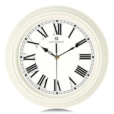 Imagen de Lafocuse Reloj de Pared Beige Silencioso, Retro Vintage Números Romanos, Funciona con Pilas sin Tic TAC, Decorativos para Cocina Salon Oficina 30cm
