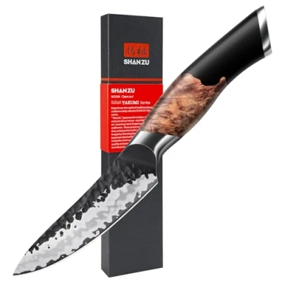 Imagen de SHAN ZU Cuchillo para Pelar Japonés Forjado a Mano, Pelador de Cocina 9,5 cm, 7 Capas Monador Afilado Acero 9Cr18MOV, Fruta, Mango Madera Arce