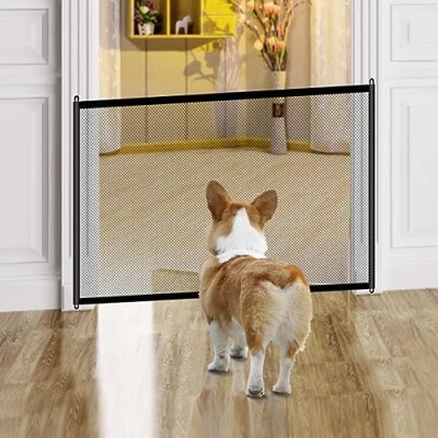 Imagen de puerta para perros, puertas retráctiles escaleras, de seguridad bebés, portátil escaleras sin taladrar en interiores, red aislamiento barrera perros