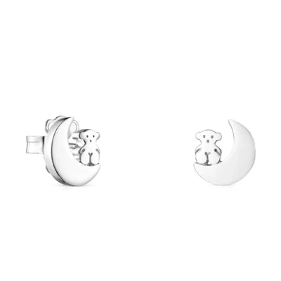 Imagen de TOUS Pendientes de Plata Primera Ley para Mujer con Motivo Oso y Luna 1 cm, Cierre Presión, Fino Elegante, Colección Nocturne