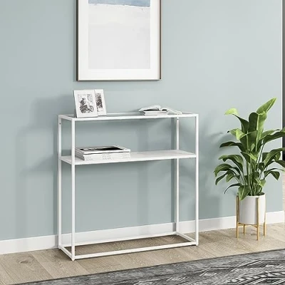 Imagen de [en.casa] Mueble Recibidor Consola Mesa de Entrada con Estante Adicional Decorativo Tablero Cristal Templado Estructura Metálica 80 x 30 cm Blanco