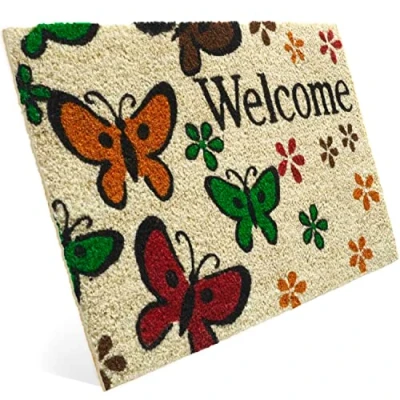 Imagen de Entrando Welcome Felpudo de coco con diseño mariposa para la puerta interior y exterior, resistente, resistente a intemperie, antideslizante, también como decoración puerta,