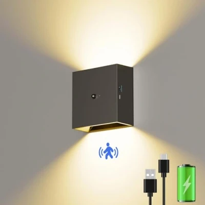 Imagen de Suright Lámpara de Pared con Sensor Movimiento, Aplique Interior (AUTO/OFF/ON) Modos, 3000K Blanco Cálido Inalámbrica Recargable para Dormitorio, Escalera, Negro