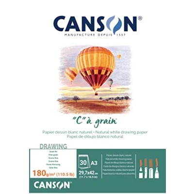 Imagen de Canson &#039;&#039;C&#039;&#039; à grain, Papel de dibujo blanco, Grano fino, 180g, Encolados por el lado corto, A3 29,7x42cm, Blanco natural, 30 Hojas
