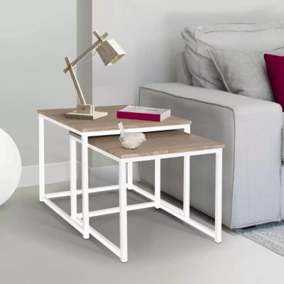 Imagen de IDMarket Detroit 40/45 Mesa baja nido (2 unidades), diseño industrial de madera y metal, color blanco