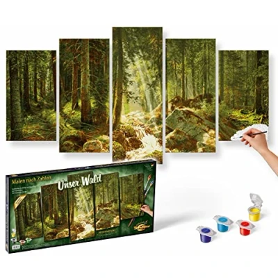 Imagen de Schipper 609450832 Pintura por números Nuestro Bosque Pinturas para Adultos, Incluye Pinceles y acrílicas, 5 Cuadros, Clase Magistral políptica, edición Profesional, 132 x 72 cm