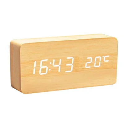 Imagen de ThreeH Reloj Despertador LED Madera Control por Voz Cubo Escritorio Digital con Alimentación Dual, Fecha/Hora/Temperatura AC11Yellow_White