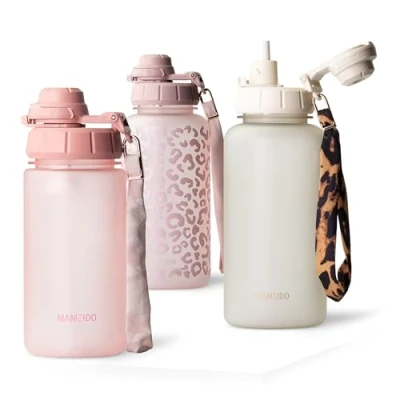 Imagen de MAMEIDO Botella 500ml con pajita y marcador de tiempo, Botellas agua a prueba fugas, niños sin BPA, gimnasio fabricada en Tritan, Water Bottle (Flamingo Pink, 0,5l)