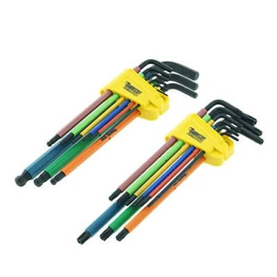 Imagen de SabreCut 18 piezas SCTGKB1 Soft Grip Comfort Extra Long Black Oxide Hex, Hex Diamond (Hex Plus) y juegos de llaves seguridad Torx con codificación color Tamaños 1.5 mm 10 mm, T10 T50