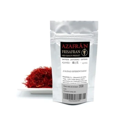 Imagen de FRISAFRAN azafrán español en hebra 25g Hebras Especia de azafran para cocinar Polvo tradicional Sobres 100% natural puro