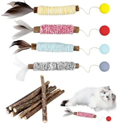 Imagen de Newpop 4 Piezas Juguetes para Gatos, Palillo de Dentición Hierba Masticar Palos Gato, Masticables Gatera, Juguete Masticable Gatos