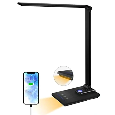 Imagen de oxylops lámpara Led Escritorio, Flexo de escritorio con luz nocturna, lampara control táctil, Puerto carga USB, 10 niveles luminosidad 5 modos, Temporizador 45min, (Negro)
