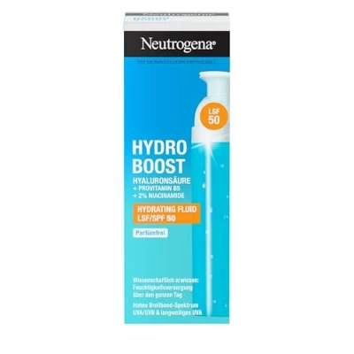 Imagen de Neutrogena Hydro Boost Aqua Fluid SPF 50 (50 ml), crema de día sin perfume con 50, cuidado facial ligero ácido hialurónico, vitamina B5 y niacinamida para una hidratación intensa