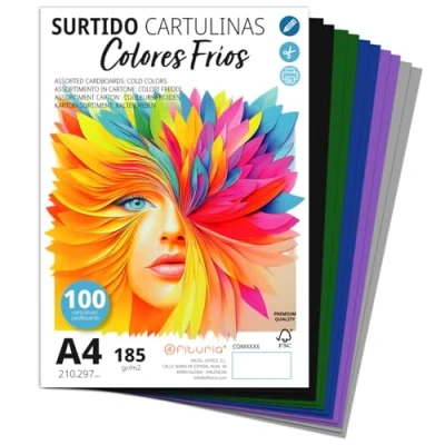 Imagen de Cartulina A4, Cartulinas de Colores, 185g/m2 para Manualidades, Educación, Hogar, Arte o Empresas, Colores A4 Surtidos Ofituria (100 Cartulinas, Surtido Frío)