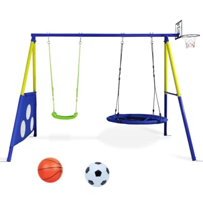 Imagen de CCLIFE Columpio Infantil MAX.200kg 4 en 1 Jardin Exterior para Niños con Estructura de Metal 2 Columpios