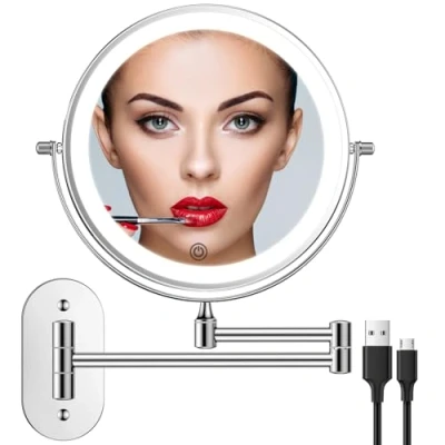Imagen de FUNTOUCH Recargable Espejo Maquillaje con Luz Aumento 1X / 10X, 8 Pulgad Baño de Pared Regulable 3 Color Luces, Doble Cara 360 Rotación, Hotel (Plata)